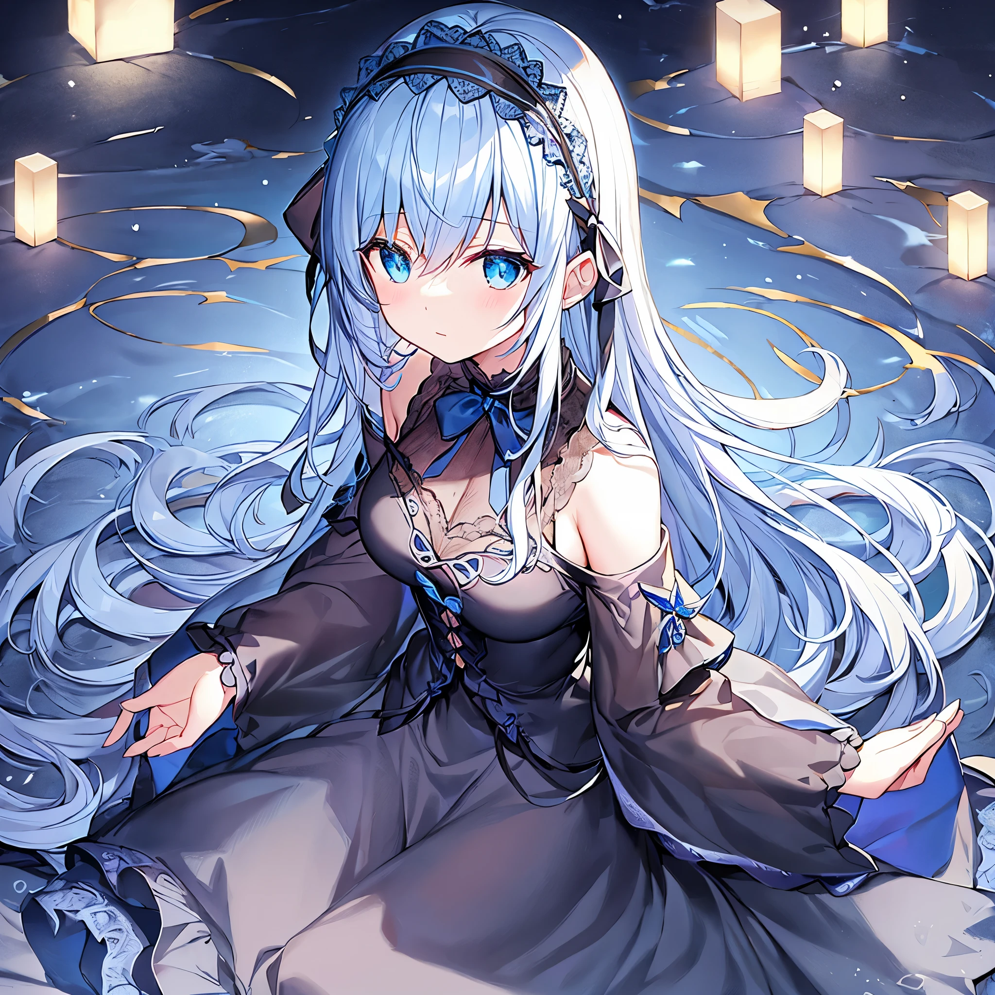 (Detailed light、Detailed Shadows、Detailed Design)、1 person、Gothic、(Dark fantasy)、Headband、Blue Rose、Black and blue outfit、Long sleeve、Sea of night、moon、ribbon、Frills