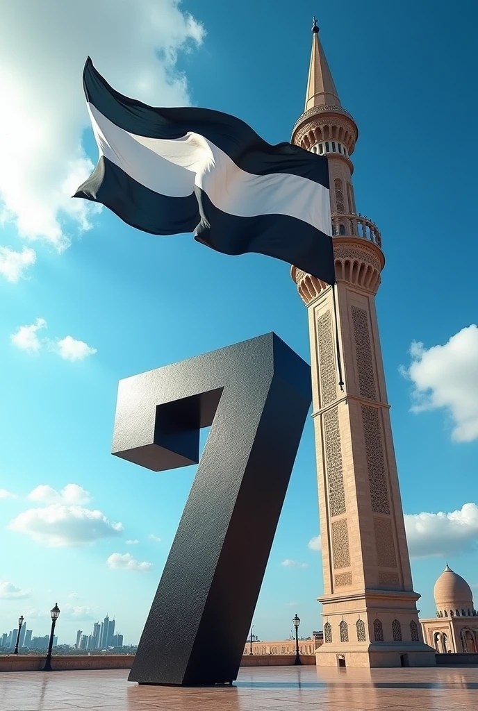  7 is written
in 3D
and behind it, on the minaret, a very large black and white striped flag is waving. 