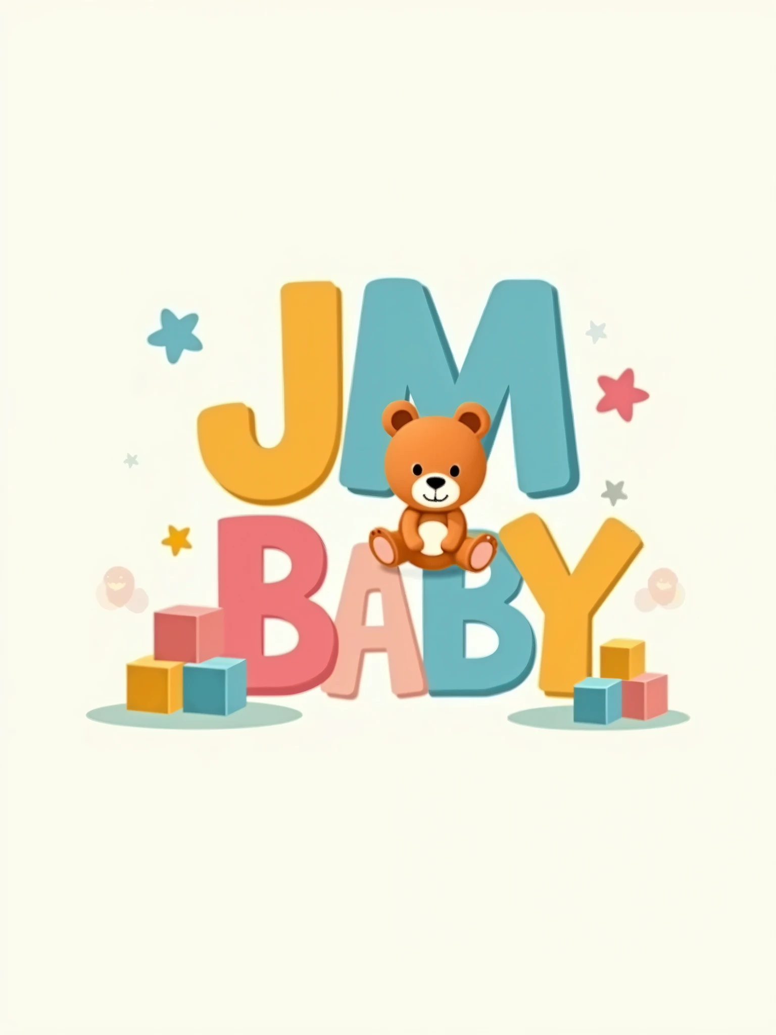 Create a modern and playful logo featuring the acronym 'JM BABY'. The design should be colorful and child-friendly, with soft curves and rounded shapes to evoke warmth and care. Incorporate elements like a pacifier, teddy bear, or baby blocks to emphasize the brand's focus on baby products. Use a color palette that includes pastel tones, such as soft blues, pinks, and yellows. The font should be simple yet fun, ensuring readability while maintaining a youthful vibe