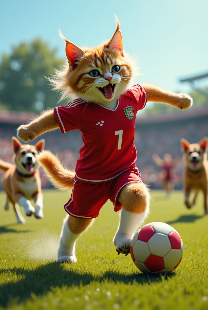 A football cat, similar to Ronaldinho, who while dribbling his rivals does juggling, Rivals are rabid dogs