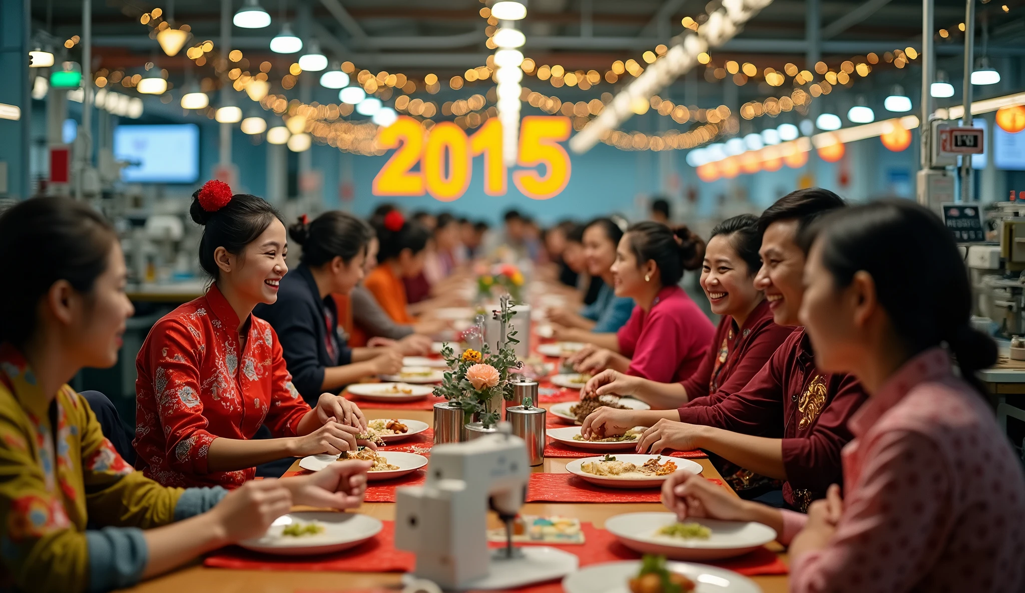 Vietnamese people. Garment factory. Make a photo of the New Year's Eve party in 2015. Wide shot. Make a picture of a party inside the factory. 