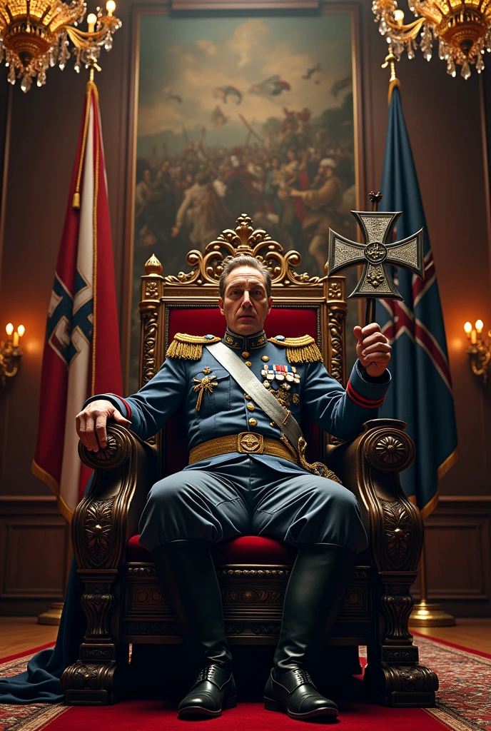 The King holding an Iron Cross while seated on his throne under the banner of the Kingdom of Prussia