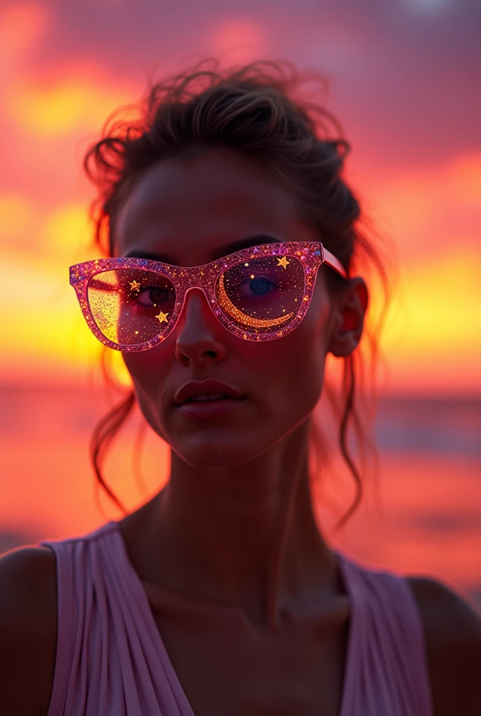 The model is wearing glass sunglasses with stars and the moon on the glass