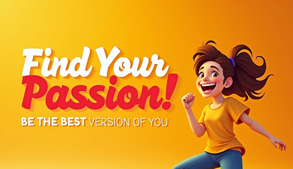 Photo realism animatif,
TEXT stands out in thumbnails "Find Your Passion!" and "BE THE BEST VERSION OF YOU" dengan huruf tebal and warna kontras. This will make the main message immediately visible..
Iconic Image or Illustration: Gunakan gambar seseorang yang tampak termotivasi atau seandg melakukan sesuatu yang menggambarkan passion, like working with passion.
Pilih gambar yang menggambarkan energi and motivasi.
Bright Colors: Pilih warna latar belakang yang cerah and kontras seperti kuning, red, or an eye-catching orange. Make sure these colors don't overpower the text in the thumbnail..
Minimalist Visual Elements: Do not overcrowd with elements, cukup gunakan elemen visual yang jelas and tidak membingungkan. Focus on just one or two main elements.
Face with Positive Expression: If possible, use a picture of a face with a happy or excited expression. Viewers tend to be attracted to thumbnails that show positive facial expressions..
Good description: Pastikan gambar memiliki pencahayaan yang baik sehingga elemen visual terlihat jelas and menarik.
