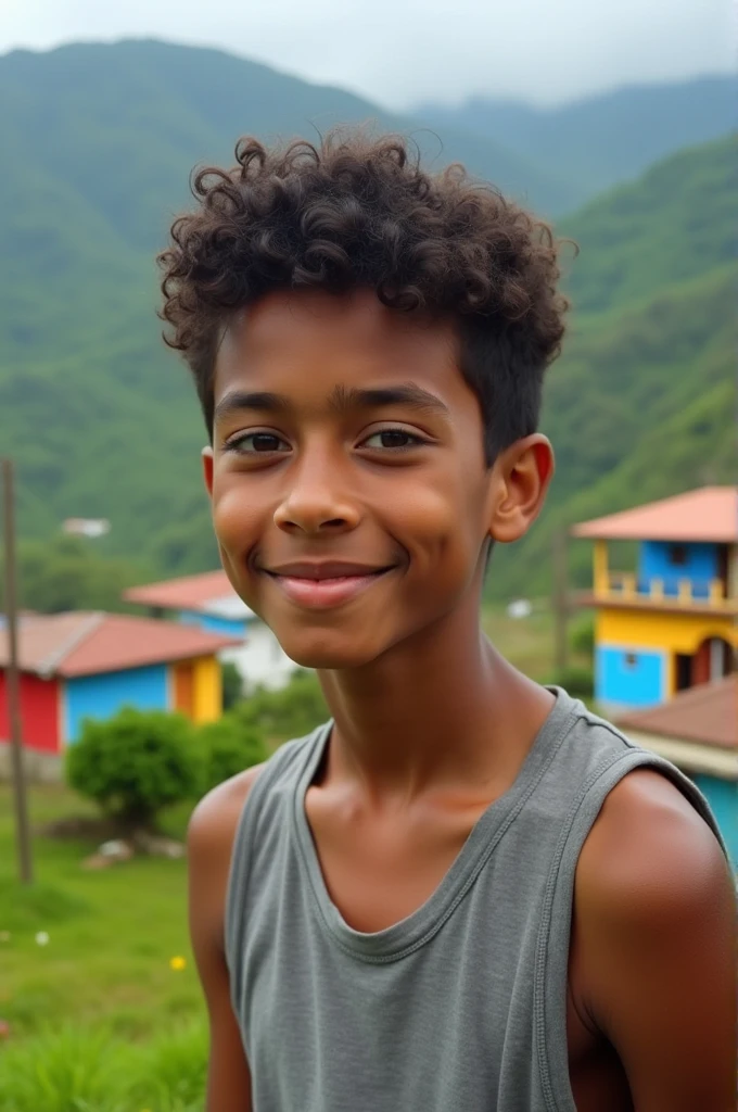 Create an 18 year old boy weighing 60 1.83 tall Latin from Colombia,Santander,Aratoca with a thin body, white skin, brown eyes, medium-long curly hair