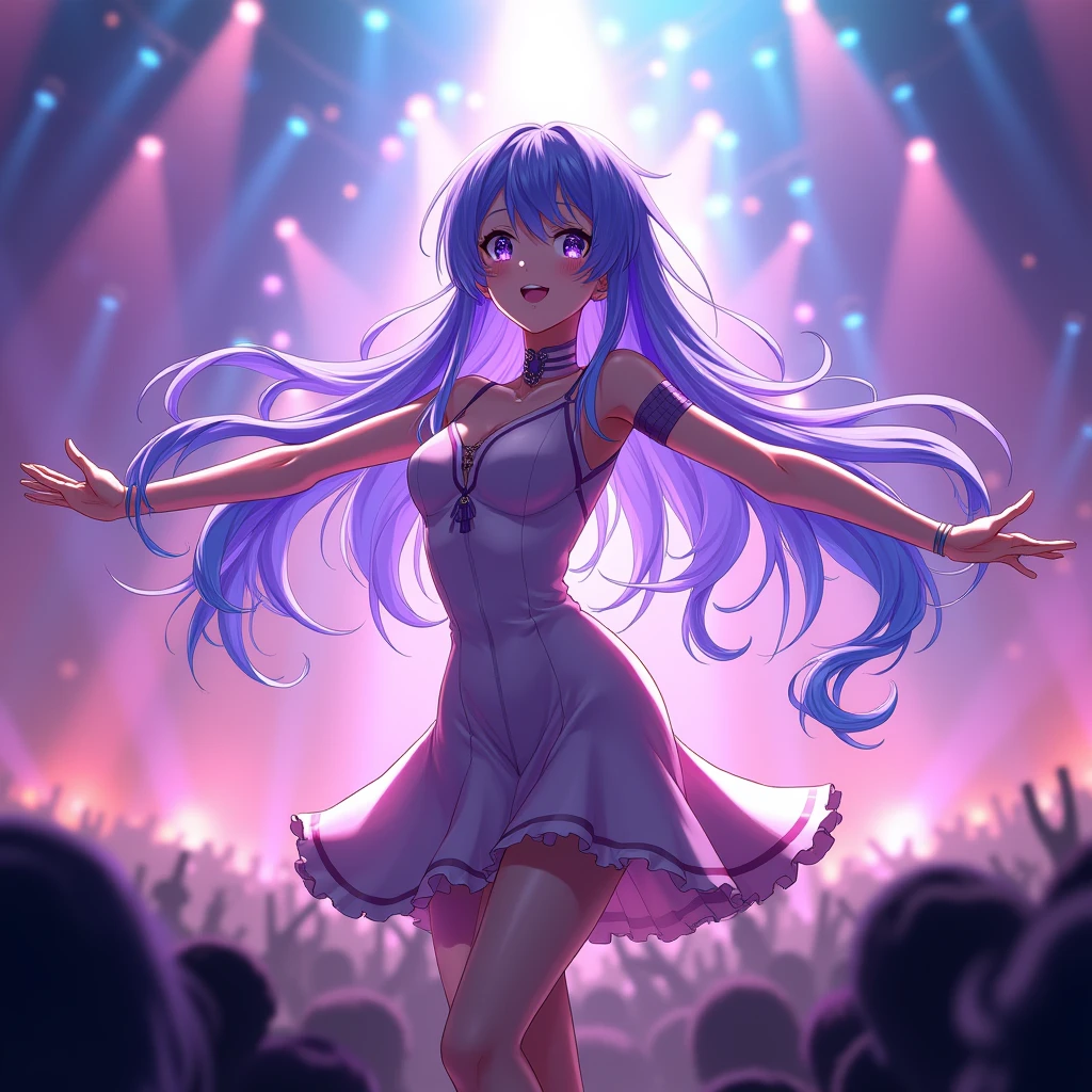 Masterpiece, best quality,Anime character,Ai hoshino, beautiful, wearing an idol dress,purple hair, sparkling eyes,concert,dance pose,close up shot,8k,64k, HD, unparalleled masterpiece, dynamic lighting, cinematic, epic, highest quality digital art, absolutely stunning art,best digital art, wallpaper 4k