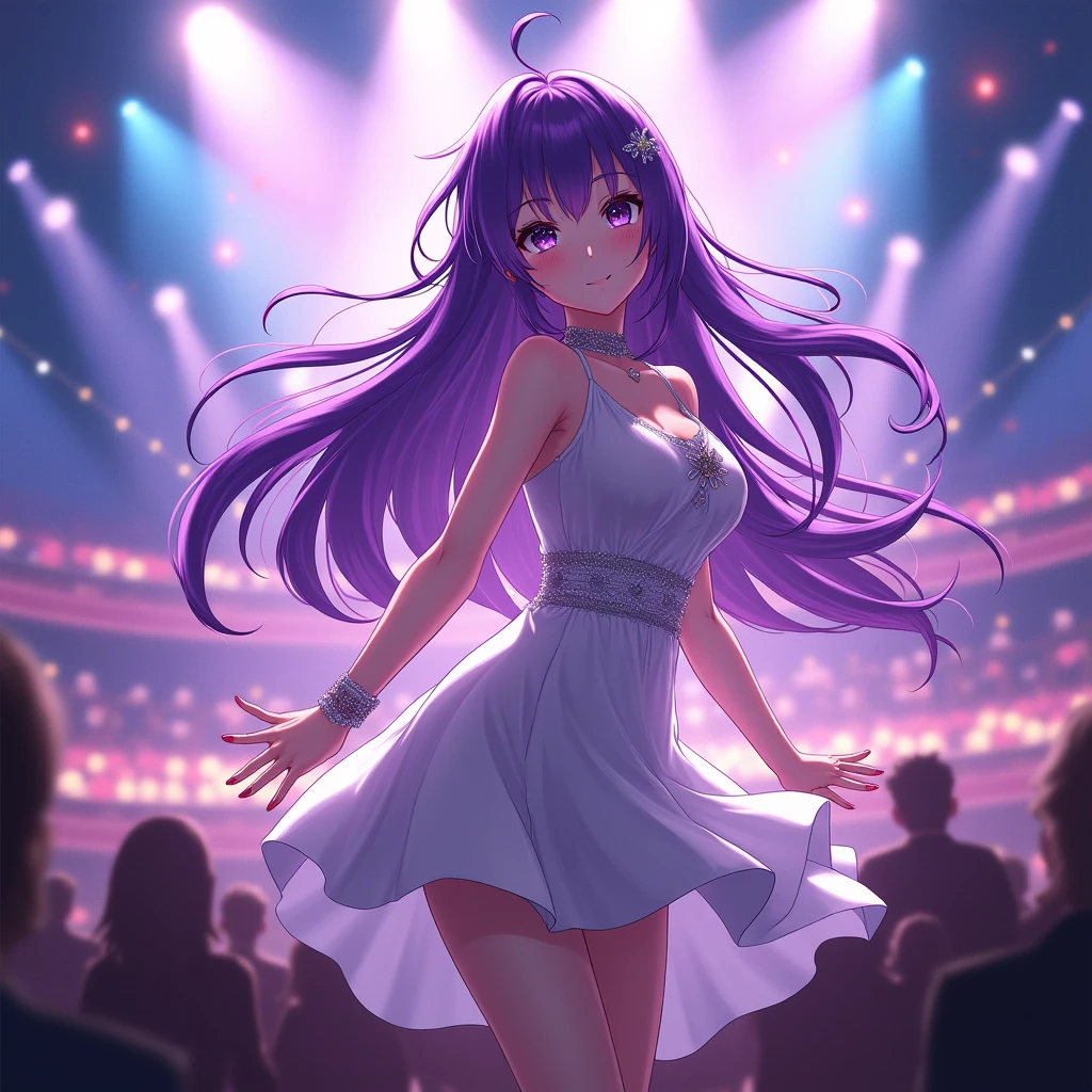 Masterpiece, best quality,Anime character,Ai hoshino, beautiful, wearing an idol dress,purple hair, sparkling eyes,concert,dance pose,close up shot,8k,64k, HD, unparalleled masterpiece, dynamic lighting, cinematic, epic, highest quality digital art, absolutely stunning art,best digital art, wallpaper 4k