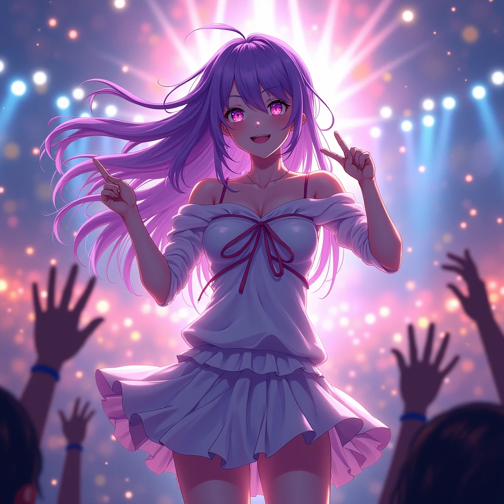 Masterpiece, best quality,Anime character,Ai hoshino, beautiful, wearing an idol dress,purple hair, sparkling eyes,concert,dance pose,close up shot,8k,64k, HD, unparalleled masterpiece, dynamic lighting, cinematic, epic, highest quality digital art, absolutely stunning art,best digital art, wallpaper 4k