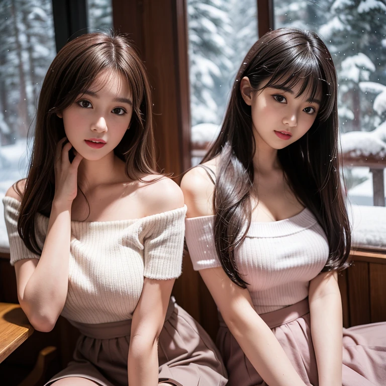 (Masterpiece:1.2),(Photorealsitic:1.5),2girls, duo,navel,Silk,Satin,Skirt,winter,Snow,