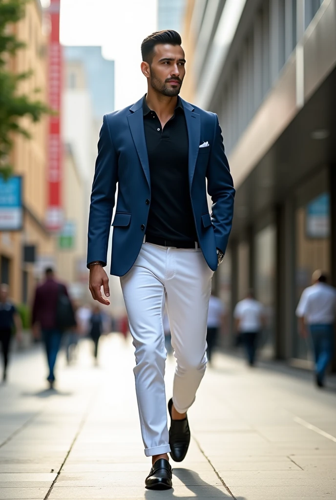 фото full length идущего по городу мужчины, Medium height, 35 years, black hair, Sports figure, broad shoulders, a neat stylish hairstyle, wide cheekbones, blue blazer, Black polo shirt, White pants, Black Loafers, walking through the city, looks ahead, Stylish look, thoughtful look, full length, free pose,dynamic pose, solar lighting, daylight 