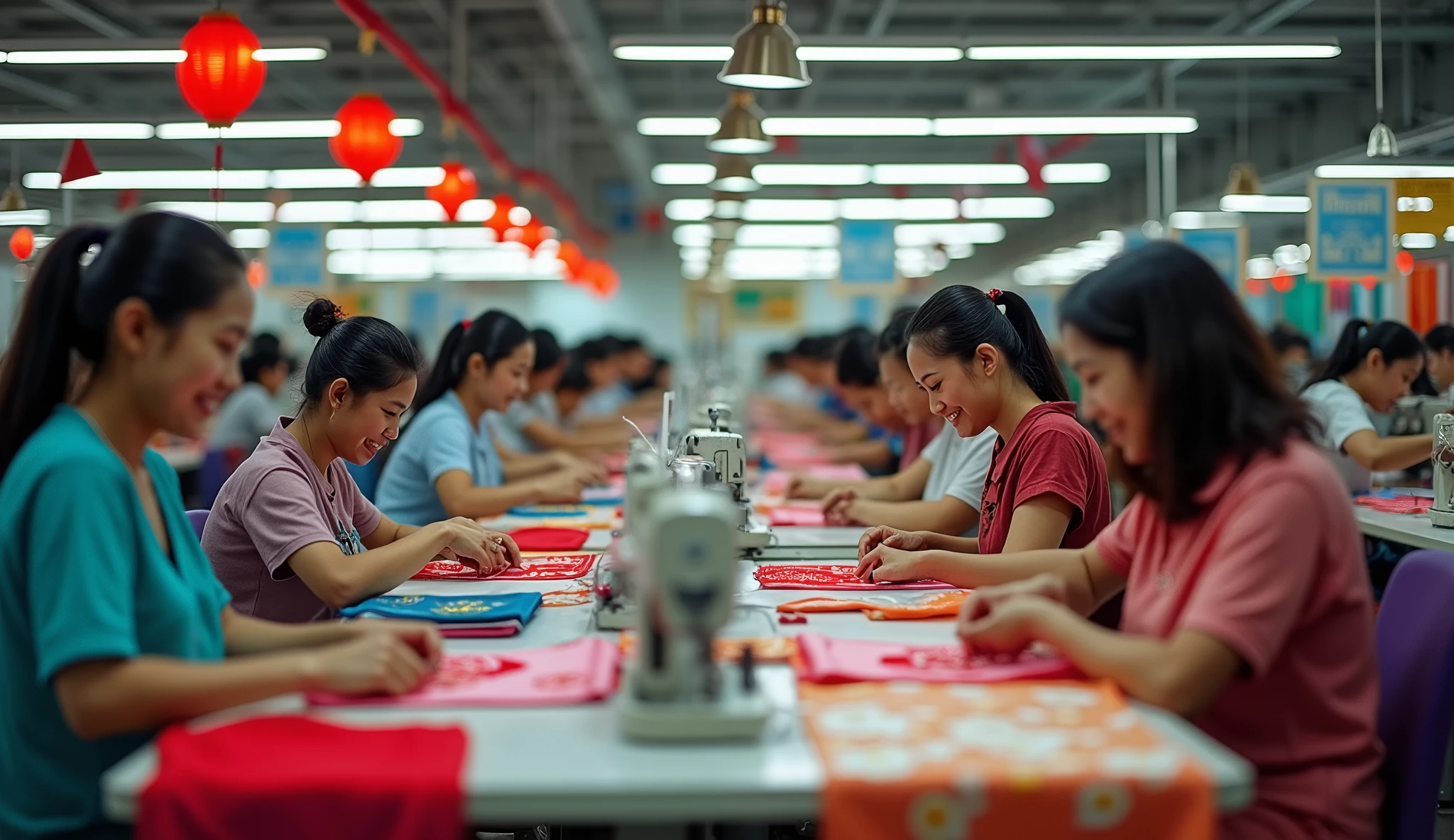 Vietnamese people. Garment factory. Make a photo of New Year's Eve 2015. Wide shot.