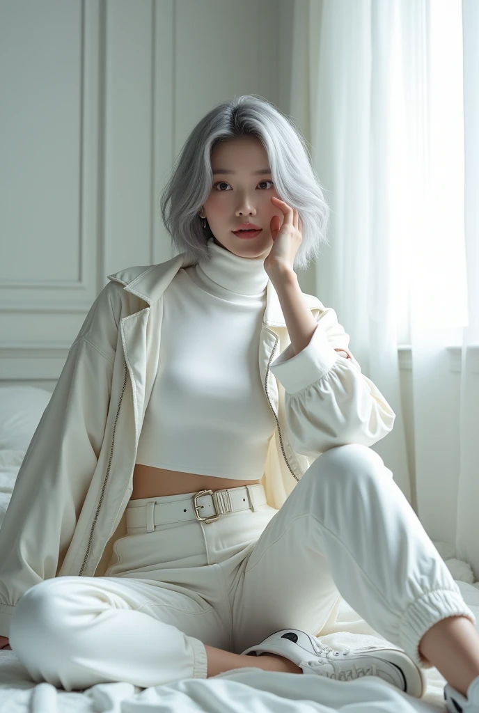 highly detailed, beautiful, hyper Realistic girl, masterpiece, best quality, Japanese sexy gravure woman, 28 years old, identity hidden, takes a selfie in her room using a smartphone in front of a mirror with one hand, fashion model Posing, sitting, looking away from the camera, /// gray short hair, light color eyes, Realistic skin, Detailed face, /// white-themed, futuristic-inspired casual fall outfit. The ensemble should feature a high-collared, white asymmetrical short jacket with metallic accents, paired with a sleek, form-fitting turtleneck in a soft white fabric. Combine this with high-waisted white joggers made from a lightweight, tech-inspired material. Footwear should include white, futuristic sneakers with transparent soles. Accessories might involve a slim, metallic belt and a minimalist white crossbody bag with holographic details. The overall look should blend modern functionality with futuristic elements, offering a fresh, forward-thinking take on autumn fashion, /// Monotone simple modern taste single room, mirror, complicated background