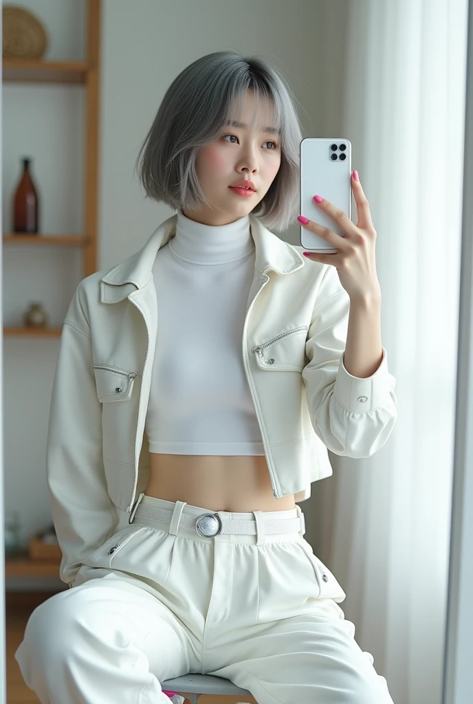 highly detailed, beautiful, hyper Realistic girl, masterpiece, best quality, Japanese sexy gravure woman, 28 years old, identity hidden, takes a selfie in her room using a smartphone in front of a mirror with one hand, fashion model Posing, sitting, looking away from the camera, /// gray short hair, light color eyes, Realistic skin, Detailed face, /// white-themed, futuristic-inspired casual fall outfit. The ensemble should feature a high-collared, white asymmetrical short jacket with metallic accents, paired with a sleek, form-fitting turtleneck in a soft white fabric. Combine this with high-waisted white joggers made from a lightweight, tech-inspired material. Footwear should include white, futuristic sneakers with transparent soles. Accessories might involve a slim, metallic belt and a minimalist white crossbody bag with holographic details. The overall look should blend modern functionality with futuristic elements, offering a fresh, forward-thinking take on autumn fashion, /// Monotone simple modern taste single room, mirror, complicated background