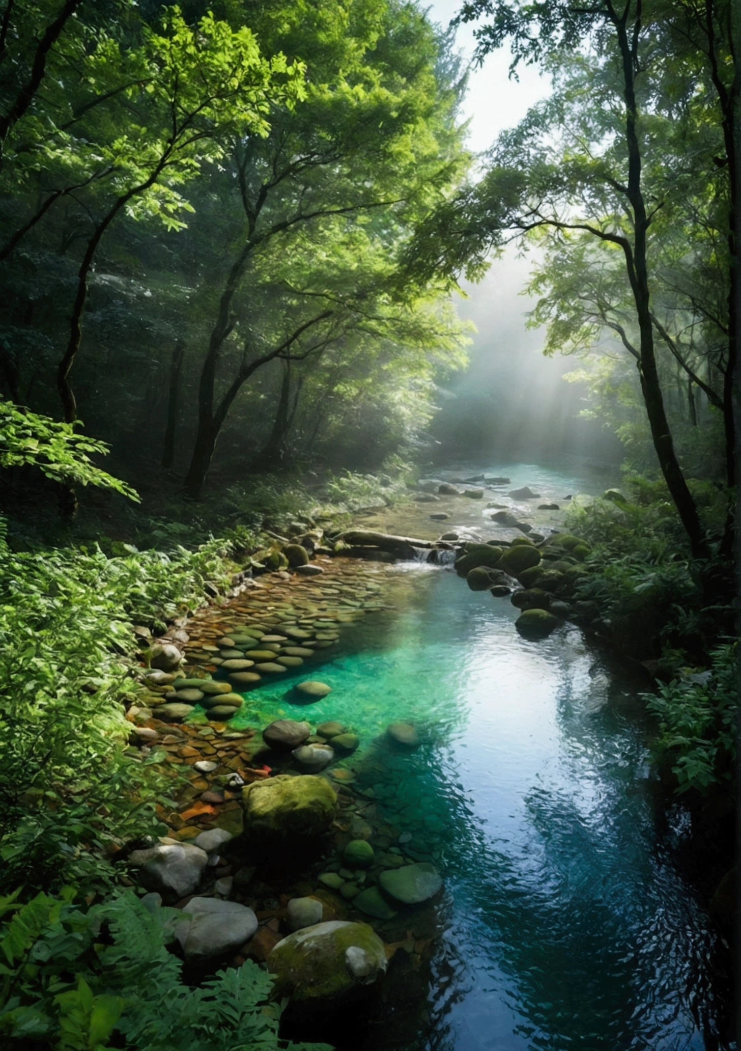 Stream in primeval forest,Sunlight shining through foggy leaves has a Tyndall effect,Behind is a green pond,The water is full,Water is flowing,The water is clear and you can see many small pebbles,The water is turquoise,Makes people look cool,Very fresh and natural,Emerald green, clear gray tone,The Rule of Thirds,Maximum resolution,All the details can be seen clearly,4K