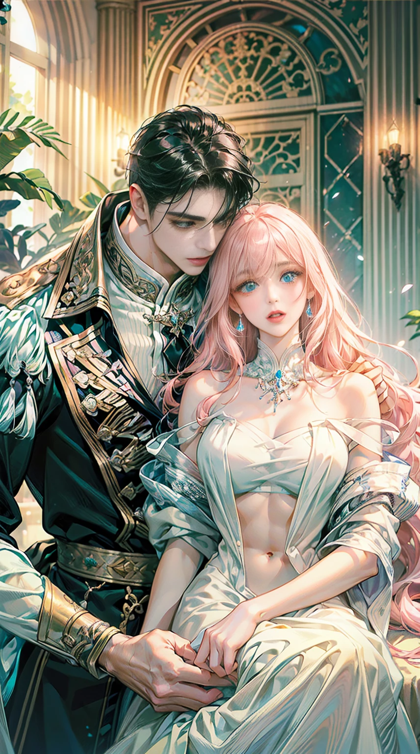 ((best quality)), ((masterpiece)), ((Romance Fantasy)), ((illustration)), (detailed), (clear), beautiful woman, long pink hair with bangs, white skin, blue eyes, abundant eyelashes, pretty lips, wearing a white dress, Kissing a handsome man, sexy, Short black hair, white skin, black eyes, Abs, Grabbed a woman&#39;s waist