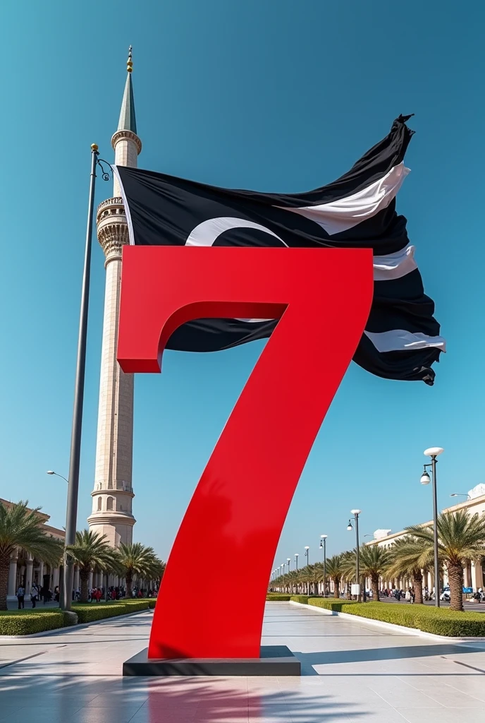  7 is written
in 3D
and behind it, on the minaret, a very large black and white striped flag is waving. 