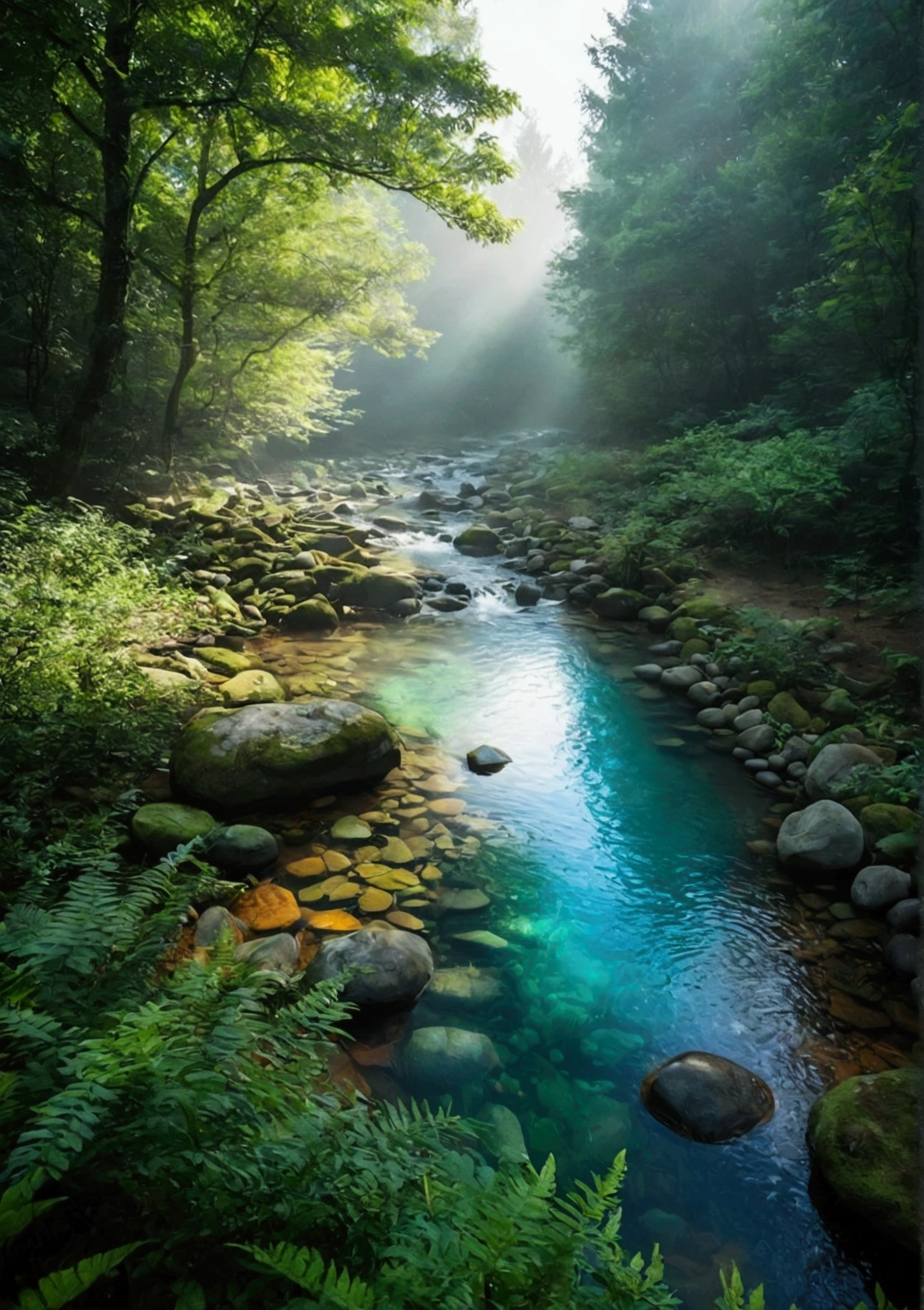 Stream in primeval forest,Sunlight shining through foggy leaves has a Tyndall effect,Behind is a green pond,The water is full,Water is flowing,The water is clear and you can see many small pebbles,The water is turquoise,Makes people look cool,Very fresh and natural,Emerald green, clear gray tone,The Rule of Thirds,Maximum resolution,All the details can be seen clearly,4K