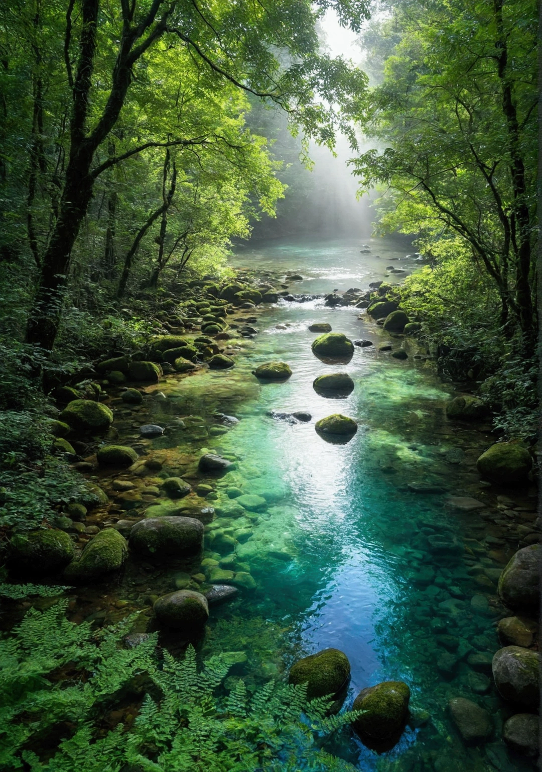 Stream in primeval forest,Sunlight shining through foggy leaves has a Tyndall effect,Behind is a green pond,The water is full,Water is flowing,The water is clear and you can see many small pebbles,The water is turquoise,Makes people look cool,Very fresh and natural,Emerald green, clear gray tone,The Rule of Thirds,Maximum resolution,All the details can be seen clearly,4K