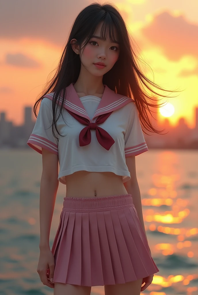 (8k、born、Professional、Highest quality、masterpiece:1.2)、(Genuine、Realistic:1.37)、Very detailed、(Portrait of an 18-year-old woman)、(expensiveest Detail Skin:1.2)、(expensiveest detail face:1.2)、1 Female、18-year-old、Black Hair、Long Hair、expensive 、Japanese high born sailor suit、The wind blew up her pleated miniskirt., Revealing white lace panties.)、Sunset sky、The cityscape at dusk can be seen in the distance、Golden Hour 
