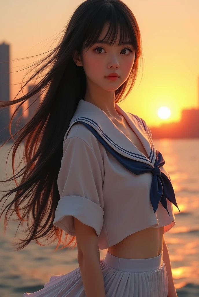 (8k、born、Professional、Highest quality、masterpiece:1.2)、(Genuine、Realistic:1.37)、Very detailed、(Portrait of an 18-year-old woman)、(expensiveest Detail Skin:1.2)、(expensiveest detail face:1.2)、1 Female、18-year-old、Black Hair、Long Hair、expensive 、Japanese high born sailor suit、The wind blew up her pleated miniskirt., Revealing white lace panties.)、Sunset sky、The cityscape at dusk can be seen in the distance、Golden Hour