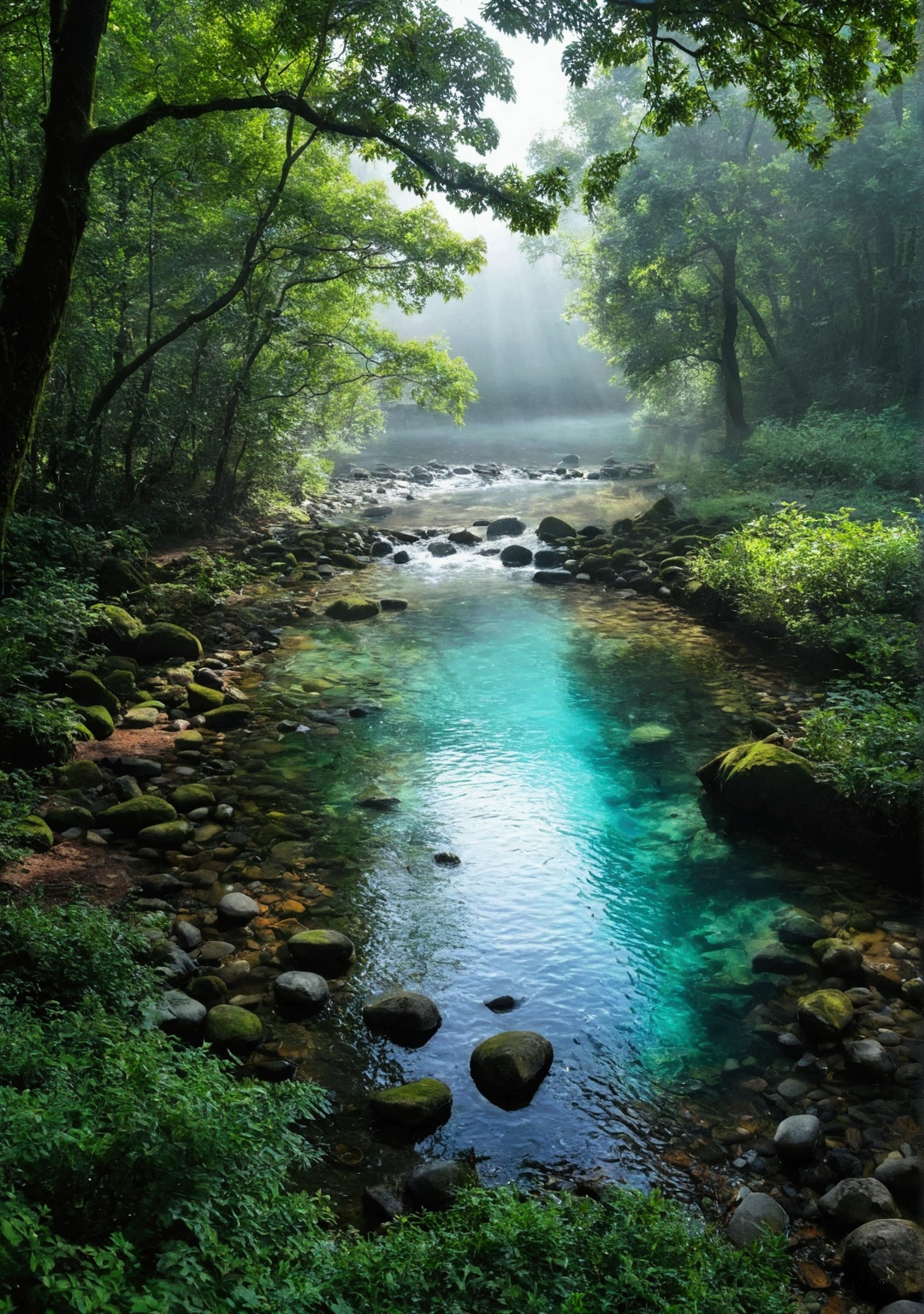 Stream in primeval forest，Sunlight shining through foggy leaves has a Tyndall effect，Behind is a green pond，The water is full，Water is flowing，The water is clear and you can see many small pebbles，The water is turquoise，Makes people look cool，Very fresh and natural，Emerald green, clear gray tone,The Rule of Thirds，Maximum resolution，All the details can be seen clearly，4K