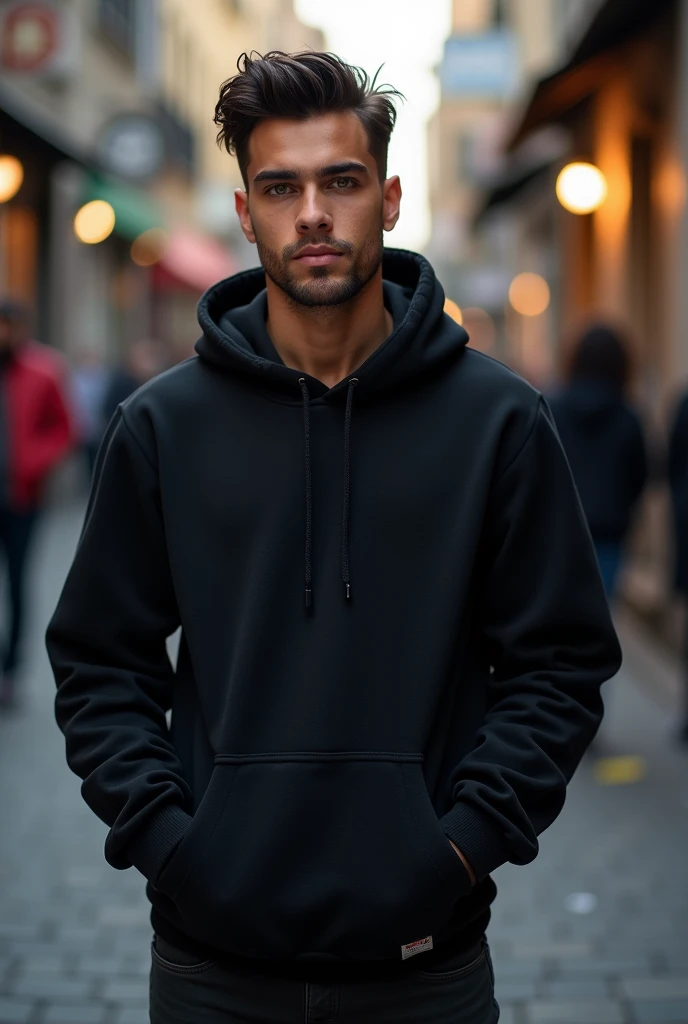 a male,25 years,black hoodie,hazel green intense eyes with joint eyebrows ,sharp jaw,air flowing hair,bronze fair skin,clean shaved with no beard,look like nz people or indian,6'1'' height,atheletic and strong build