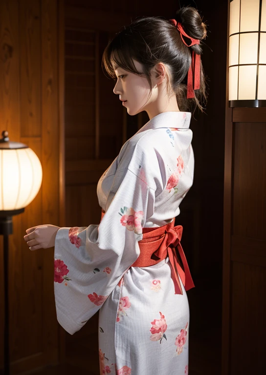 masterpiece, Highest quality, alone , (Perfect Face:1.1), (Attention to detail:1.1), (Five fingers), ((日本のfestival)),((Back view)),(Ribbon tying),(Cute yukata),(Red yukata), 浴衣姿のwoman, woman, Small breasts, 20代woman, Magazine photoshoot, Red Yukata, festival,ponytail , Are standing,(I have a fan) ,(model) ,