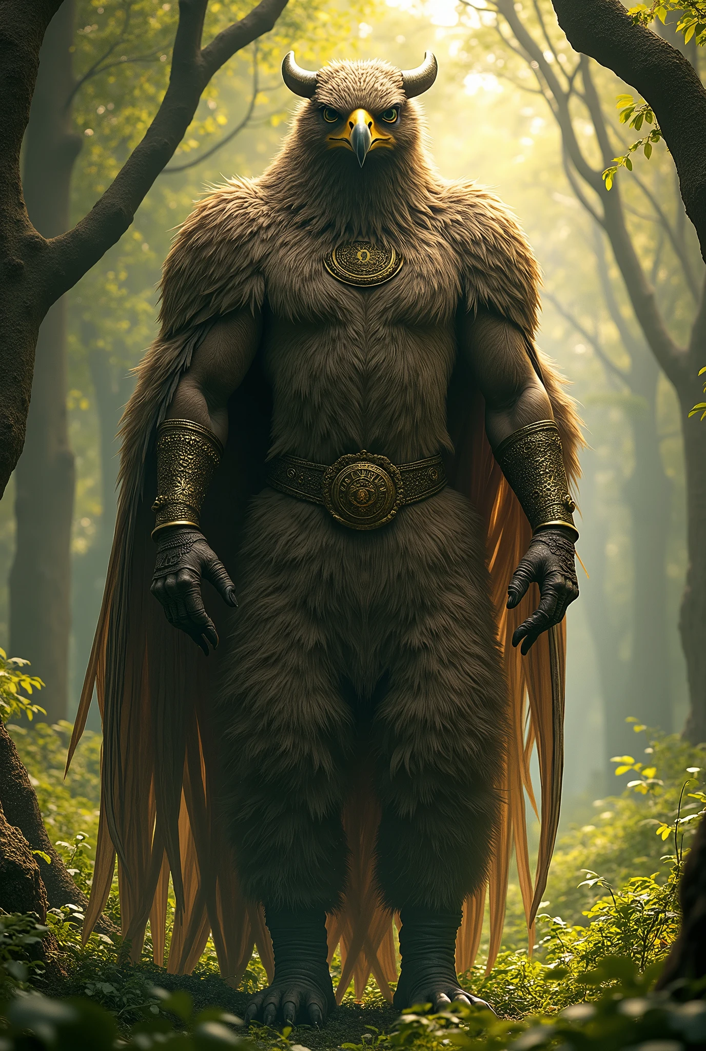 Create an image of the Babylonian king Nebuchadnezzar, he will have to be transformed from a man to an animal, with these characteristics he eats grass like oxen, body will have hair like eagle feathers and nails like those of birds, image has to be in a forest. PICTURE REALISTIC