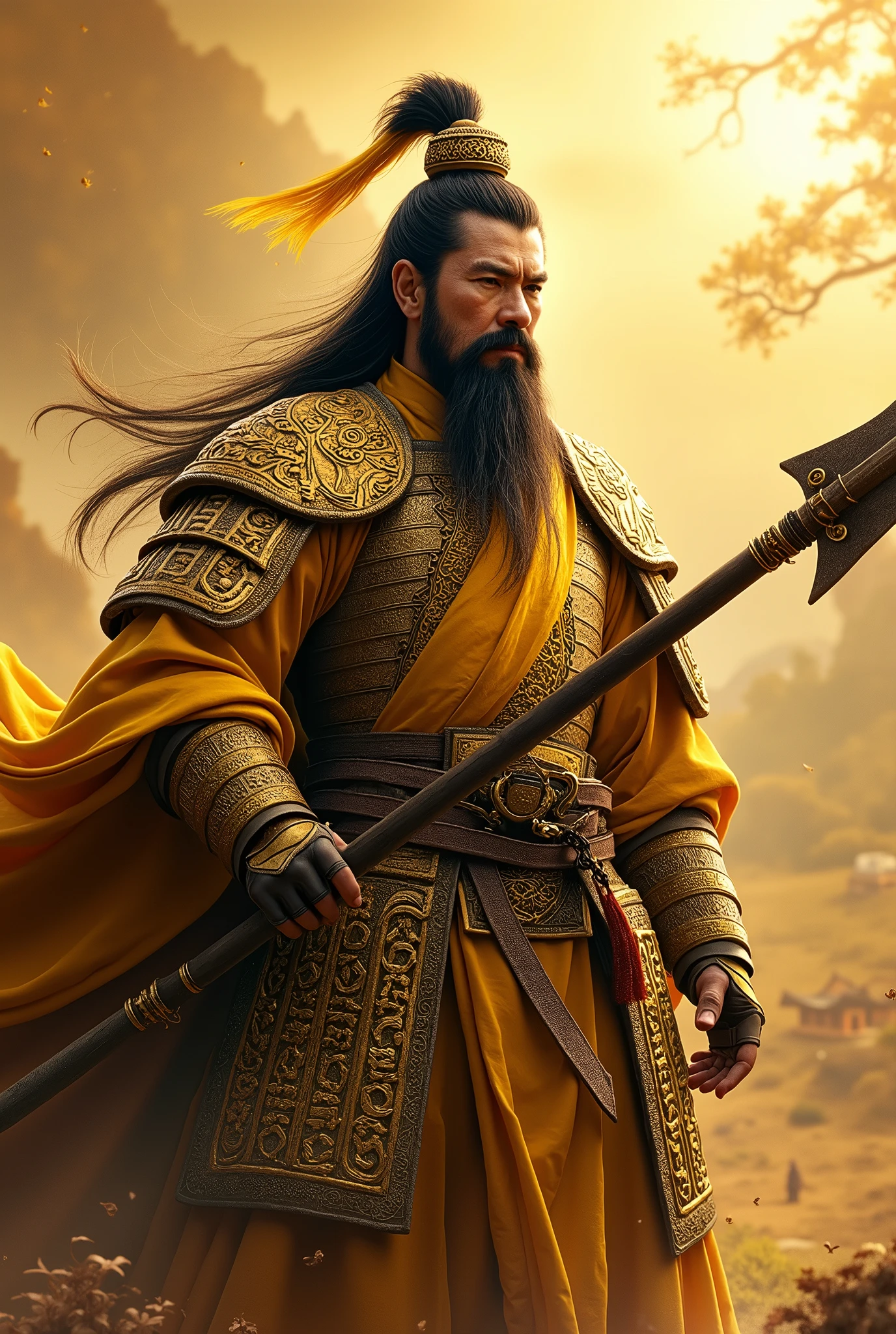 There was a man wearing Chinese clothing and holding a halberd. ,Characters in the Three Kingdoms, ancient soldier, Wearing Chinese iron armor, , Chinese warrior character design,Use Chinese halberd weapons, lu bu ,Novel Image ,Yellow tones,Yes, it's a Chinese general's hat.,Has a long beard and mustache,Middle-aged man,Chinese people,black hair,see the whole body,