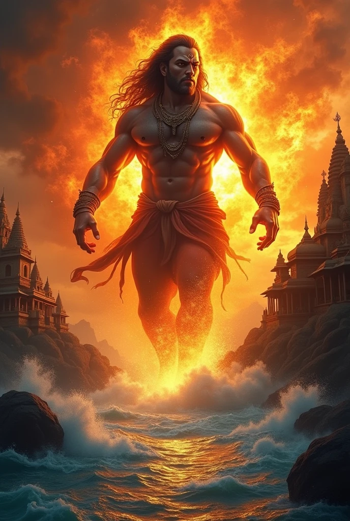 In the background, Hanuman is shown in his larger, more powerful form, setting fire to the buildings of Lanka with his burning tail. Jump on river