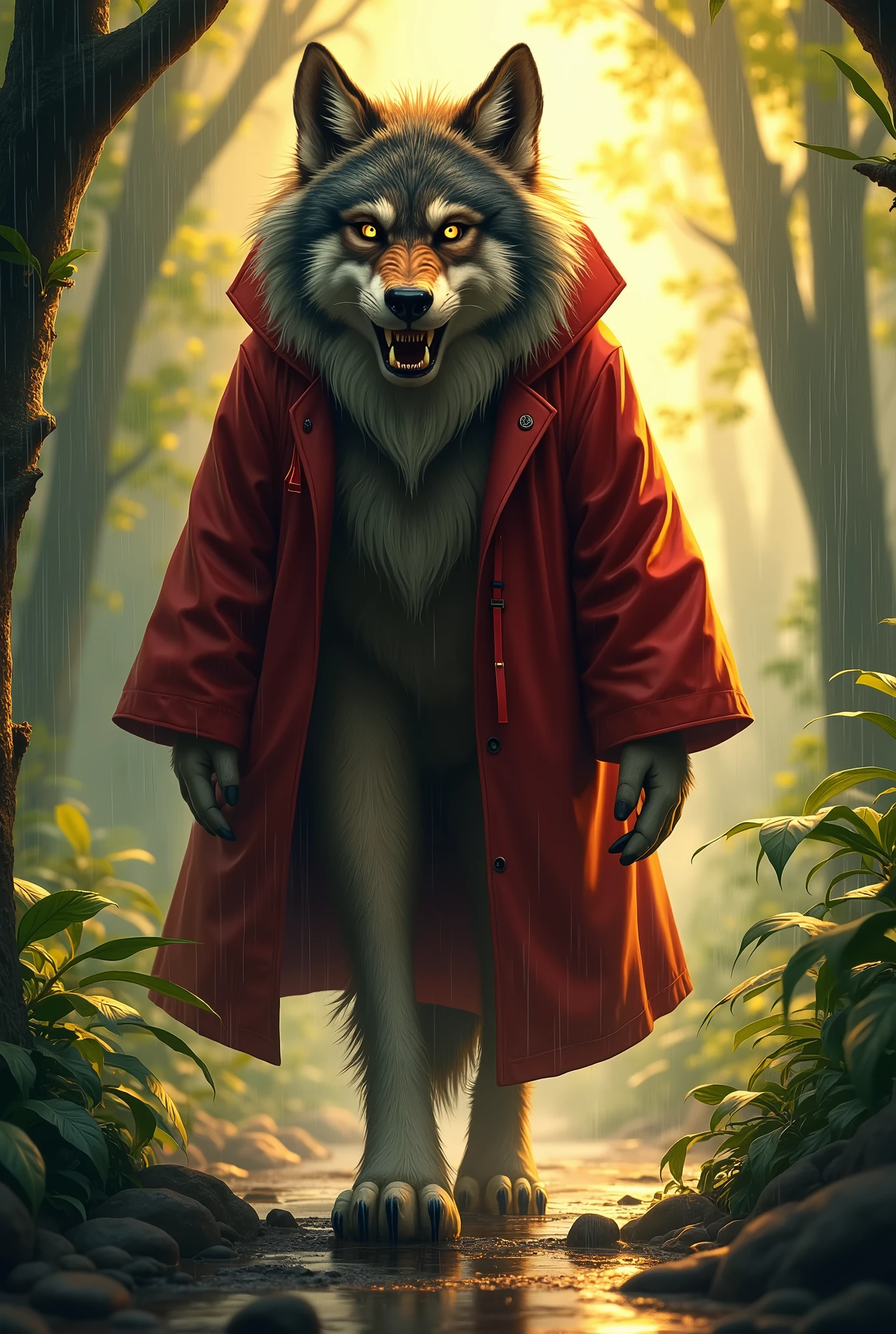 full-body illustration, (1wolf:1.4), (scary:1.1), big size, fluffy fur, wearing a long red raincoat, sharp teeth, (big eyes with a sly expression:1.2), ((walking in the rain:1.3)), (jungle background:1.2), (sunlight filtering through trees), (soft lighting:1.3), (warm and vibrant color scheme:1.2), (highly detailed), (ultra quality:1.3), (masterpiece), (digital art), 8K resolution, HDR, depth of field, (soft shadows), (photorealistic:1.3), (animation:1.2), (by Greg Rutkowski:0.9), (in the style of Alphonse Mucha), trending on ArtStation, award-winning art