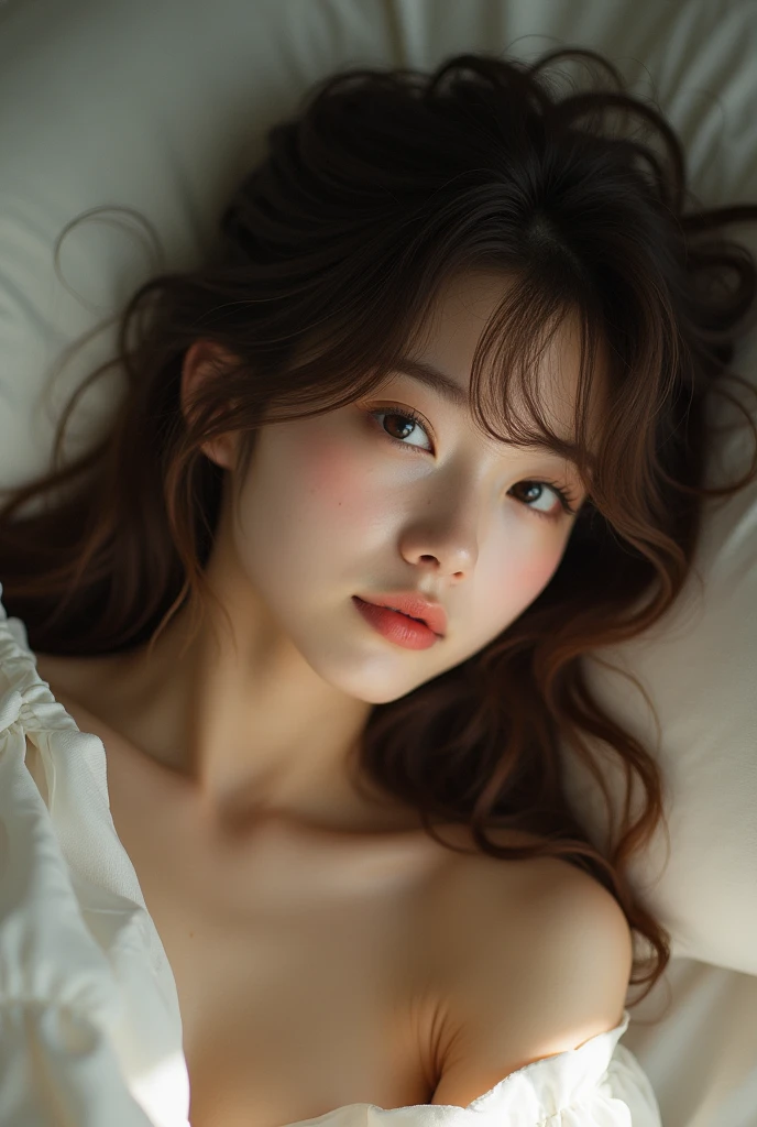 Masterpiece, Ultra High Definition, Micro detailed, fine photo, professional shot, artistic pose, a young 19 years old girl, with long brown straight hair, bangs, pleasured in bed making after sex face in a very content and in love expression, angelic innocent face, a very beautiful expressive eyes looking to the viewer, and arroused after sweating, pleasuring herself, cinematic, dramatic and artistic, curvy body a young korean girl naked with pale skin rosy chicks and rosy lips