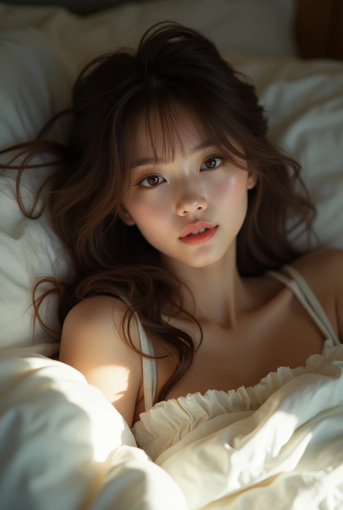 Masterpiece, Ultra High Definition, Micro detailed, fine photo, professional shot, artistic pose, a young 19 years old girl, with long brown straight hair, bangs, pleasured in bed making after sex face in a very content and in love expression, angelic innocent face, a very beautiful expressive eyes looking to the viewer, and arroused after sweating, pleasuring herself, cinematic, dramatic and artistic, curvy body a young korean girl naked with pale skin rosy chicks and rosy lips