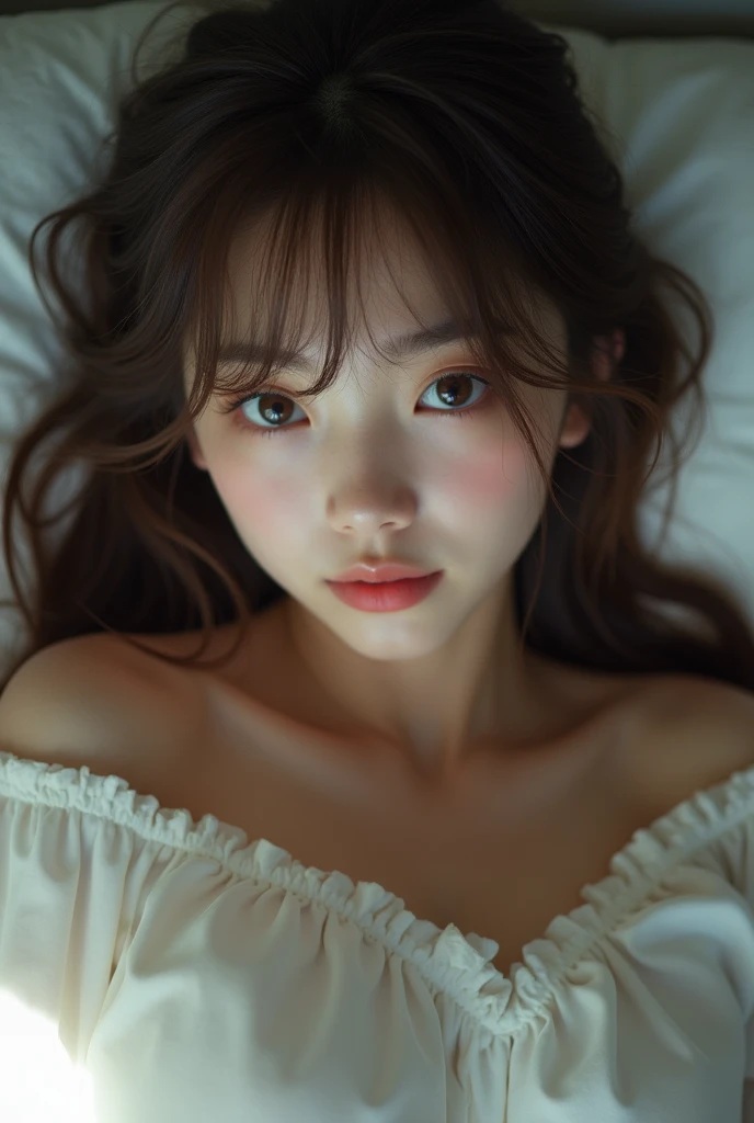 Masterpiece, Ultra High Definition, Micro detailed, fine photo, professional shot, artistic pose, a young 19 years old girl, with long brown straight hair, bangs, pleasured in bed making after sex face in a very content and in love expression, angelic innocent face, a very beautiful expressive eyes looking to the viewer, and arroused after sweating, pleasuring herself, cinematic, dramatic and artistic, curvy body a young korean girl naked with pale skin rosy chicks and rosy lips