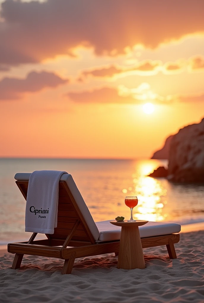 A LOUNGE CHAIR ON THE BEACH WITH A TOWEL HANGING WITH THE NAME CIPRIANI PUNTA . YOU CAN SEE THE SEA AT SUNSET AND A SMALL TABLE WITH A JUICE AND A GLASS