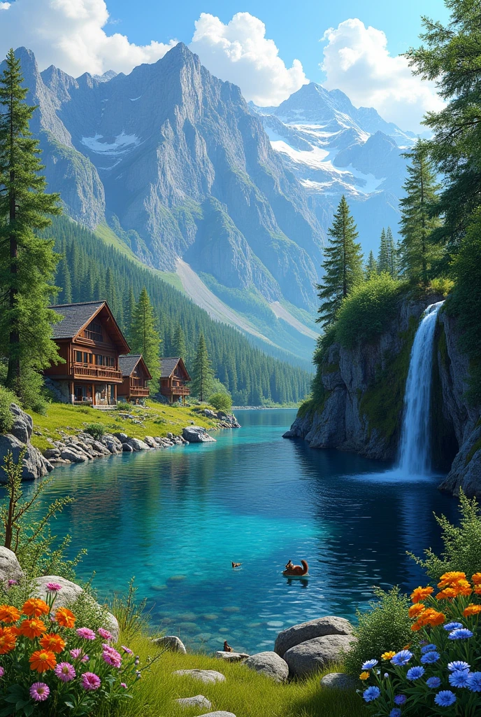 Create me very beautiful landscape pictures, whether it be huts, houses, mountains, waterfalls, trees, squirrels, a very beautiful nature view.