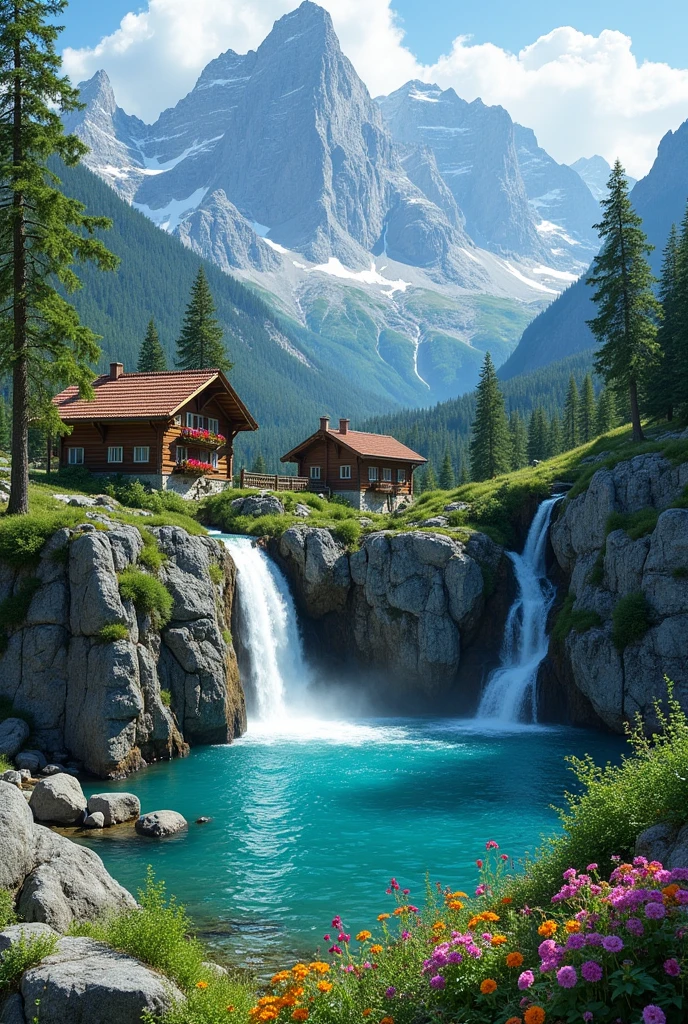 Create me very beautiful landscape pictures, whether it be huts, houses, mountains, waterfalls, trees, squirrels, a very beautiful nature view.