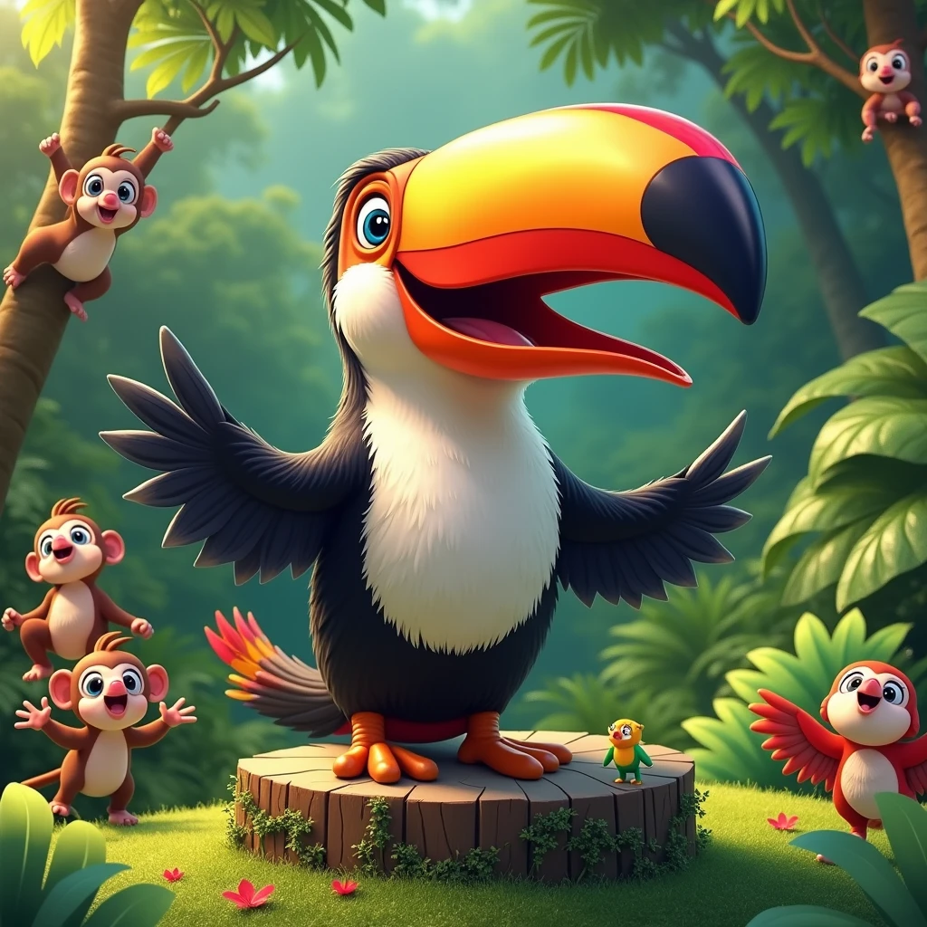 Create an image of a Toco Toucan singing with a big smile, its colorful beak open, surrounded by other happy animals in a lush green environment. The scene is full of energy and heat.