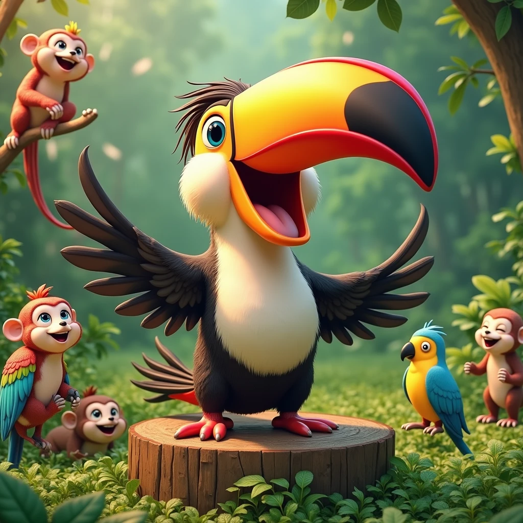 Create an image of a Toco Toucan singing with a big smile, its colorful beak open, surrounded by other happy animals in a lush green environment. The scene is full of energy and heat.