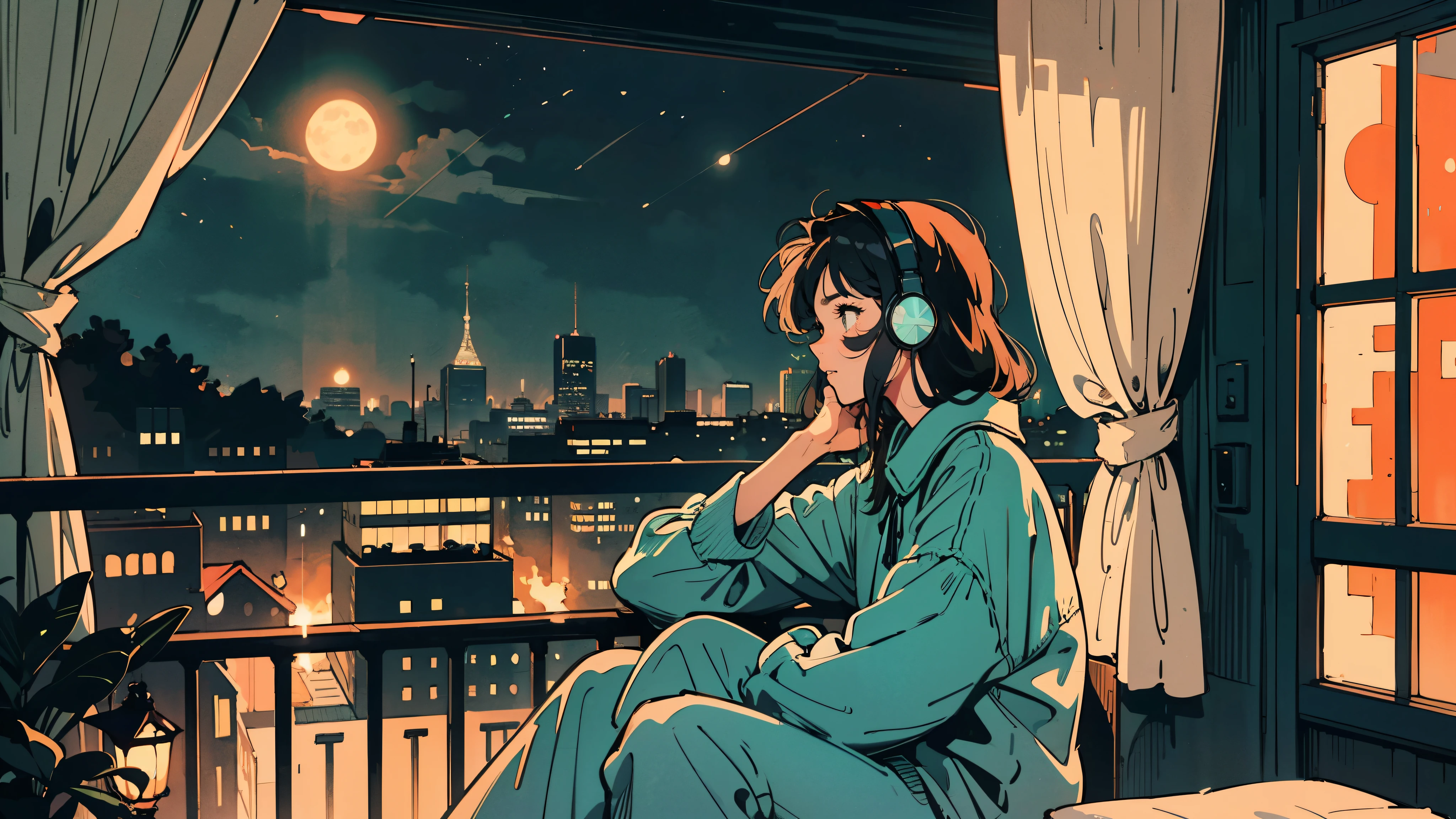 Anime style illustration of young woman on balcony at night. Full moon and starry sky, cityscape below with twinkling lights. Woman in profile, wearing pajamas with polka dot pattern. Wearing a big headphone and looking at viewers. Balcony railing in foreground. Curtains visible from room behind. Contrast between dark night sky and bright city lights. Peaceful, contemplative mood. Highly detailed background with buildings. Soft, warm color palette with emphasis on blues and oranges. Cozy, late-night atmosphere. Various colors in the image