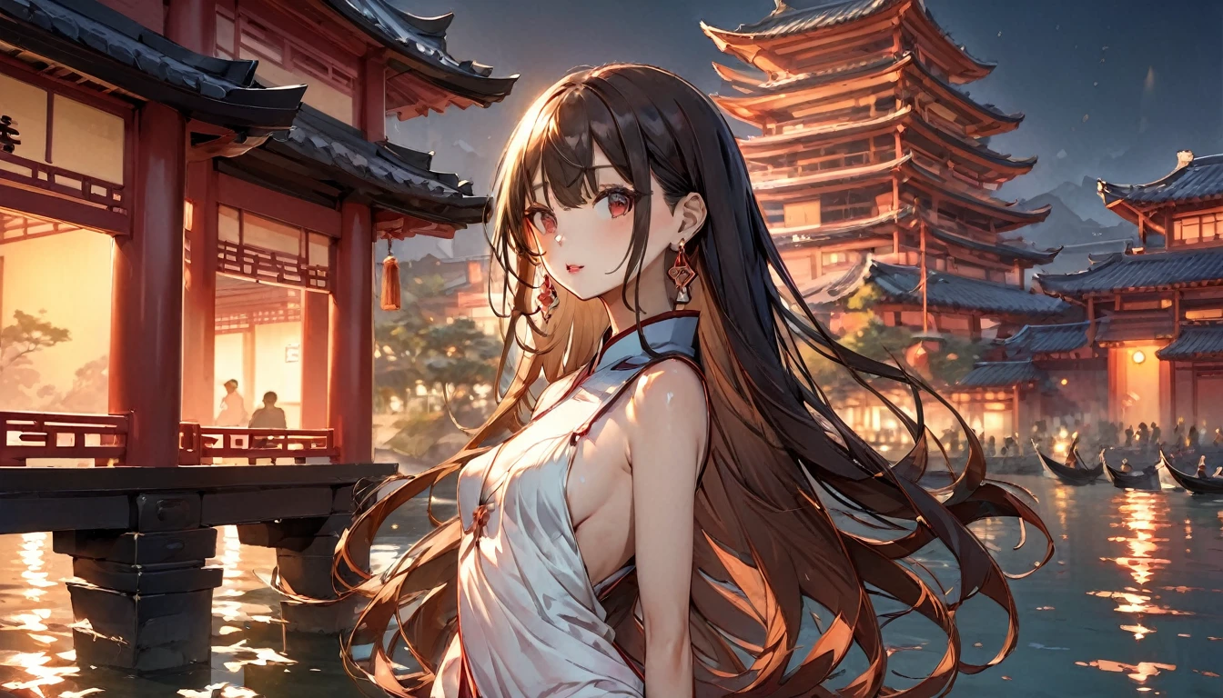 (Highest quality: 1.3, masterpiece: 1.3), Ultra HD, (One person, alone), Atmospheric perspective, Detailed face, Upper Body, compensate, Pink Lips, Cleft lip, Glowing Skin, (Brown Hair), Super long hair, In front of an audience, Red eyes, Earrings, Small breasts, The body is slim, (White silk), (((((East Asian architecture, River side, Beautiful background))), Perfect lighting, (Front lighting), Physically Based Rendering,