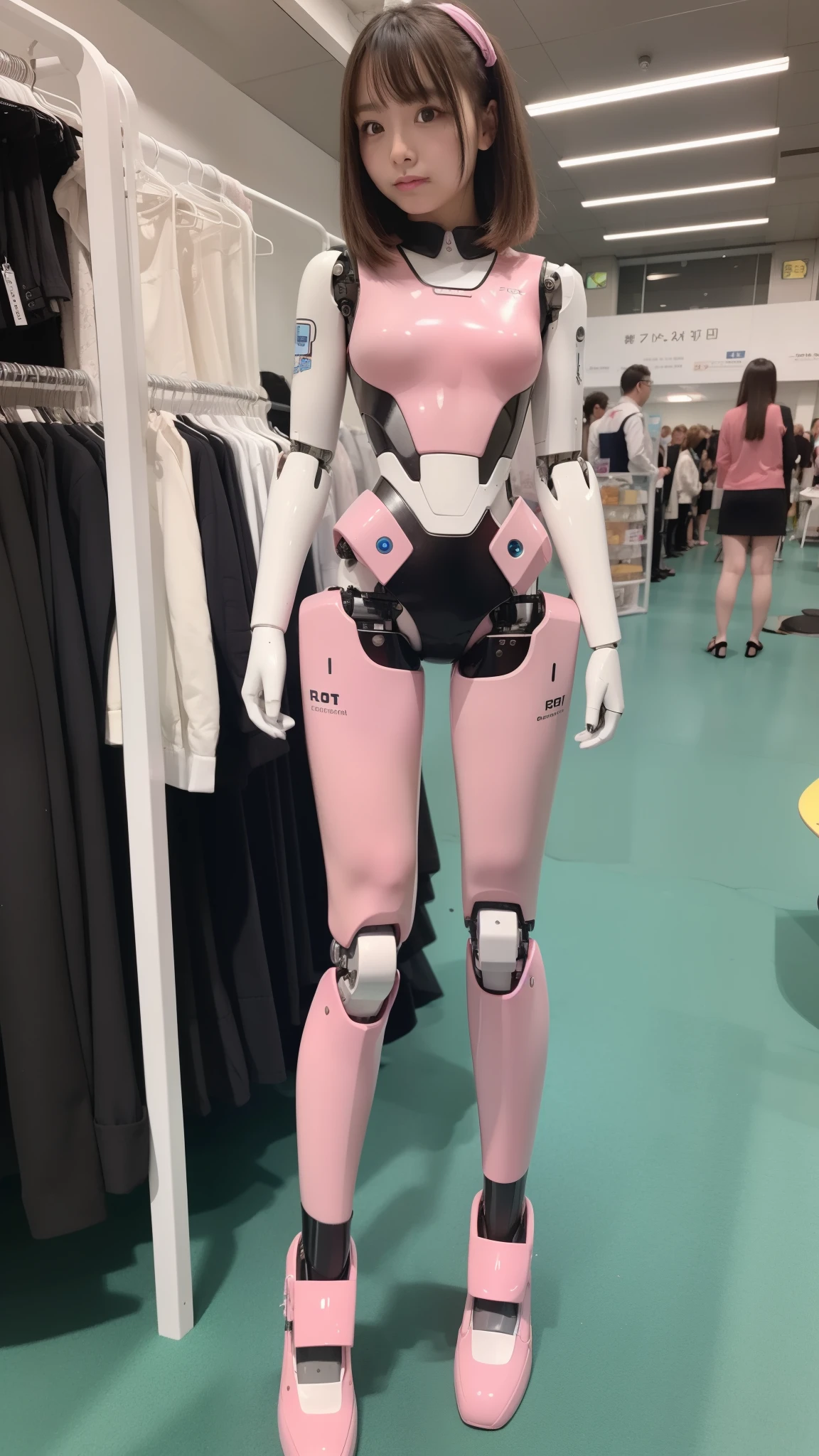 Robot Girl, pink there, Silver, Metallic body, Robot Parts, Metal Parts, Super Detailed Face, Super well-formed face, of the highest quality, a small face, small head, Brown hair, Slender body, Camera gaze, Internal Mechanical Exposure, Idol, front facing, Well-proportioned body, sale, Exhibited, Event Hall, Moe Pose, job interview suit machine armor, Standing with legs open, Model body type, sad, Embarrassing,(Perfect Robot Girl),(Perfect machine body)