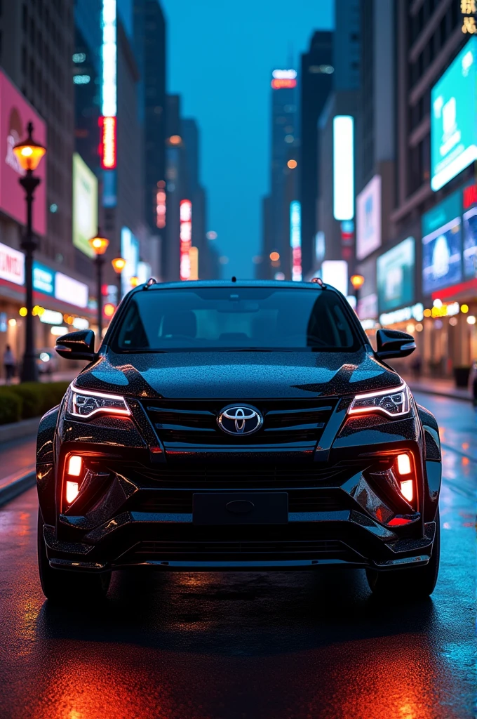 A toyota fortuner with futuristic modifications in black colour 