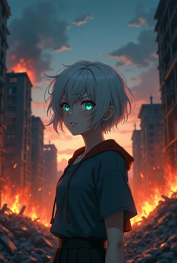 anime style, post-apocalyptic world, Collapsed and burning buildings Low angle view.
anime style, young adult woman, with the right eye blue and the left eye green, short white hair, with a slight scar under the left eye green.