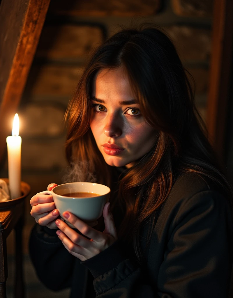 A picture of an enigmatic Scottish female figure in a bothy, sitting on a nook with a cup of hot tea, looking at viewer with a mysterious eyes, awkward encounter, photo realistic style, detailed face, perfect eyes, Annie Leibovitz  photography 