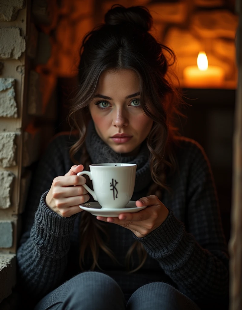 A picture of an enigmatic Scottish female figure in a bothy, sitting on a nook with a cup of hot tea, looking at viewer with a mysterious eyes, awkward encounter, photo realistic style, detailed face, perfect eyes, Annie Leibovitz photography
