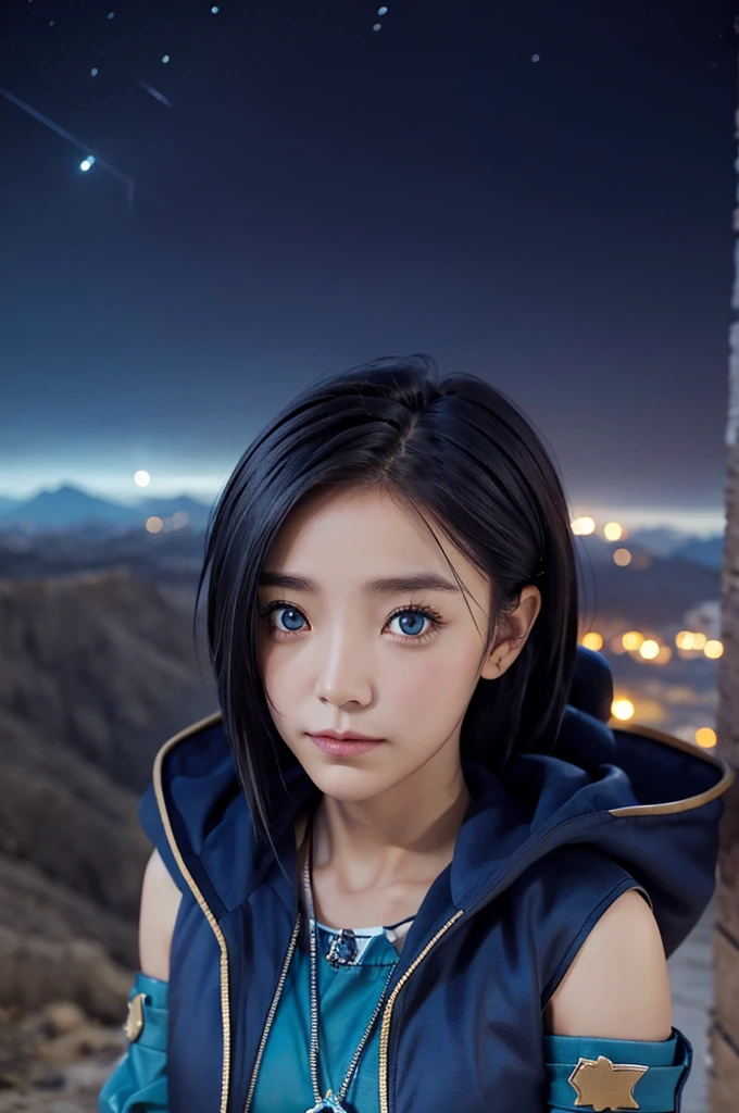 Empty City, A town above the clouds, Sky City,Black Eye,Blue haired,Falling from the sky、In the desert、Stars shine in the night sky、beautiful girl、Show your side