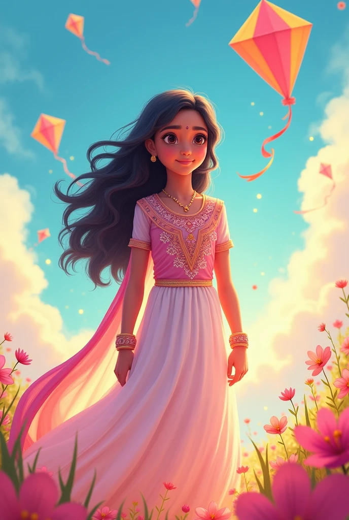 Create an Indian superhero girl 6 years old who embodies the power of love. She wears a flowing pink and white dress adorned with intricate traditional Indian patterns. Her outfit is a blend of modern superhero elements and cultural designs, with pink representing compassion and love, while white symbolizes purity and peace. She has long, flowing hair and a serene yet powerful expression. Her accessories include bangles that glow with a soft light, and her eyes radiate warmth and kindness. She stands tall with an aura of grace, ready to spread love and hope.