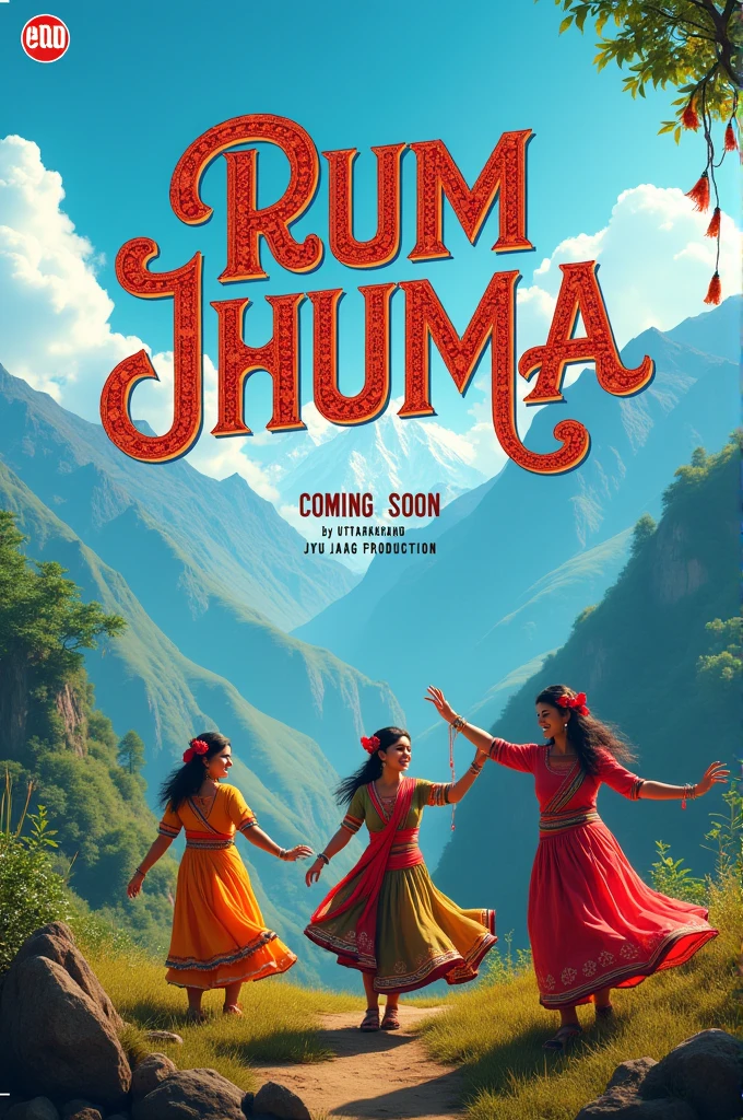 Design a vibrant and captivating Instagram poster for the upcoming song "Rum Jhuma" by Jyu Jaag Production. The poster should reflect the essence of Uttarakhand's culture with elements like mountains, traditional attire, and a festive atmosphere. The text "Rum Jhuma" should be prominently featured in a stylish and eye-catching font, along with "Coming Soon" and "by Jyu Jaag Production" written below it. Incorporate colors and patterns that resonate with the cultural richness of Uttarakhand. Ensure the design is visually appealing and suitable for an Instagram post.