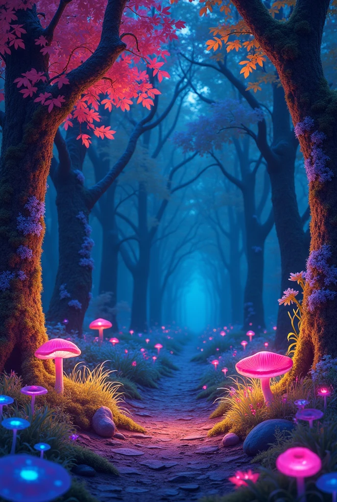 Real、photograph、masterpiece、high quality、4K、HDR、A vibrant forest filled with glowing flowers and fantastical creatures、BREAK - BREAK - BREAK Illuminated by glowing mushrooms and strange creatures、Colorful leaves and bioluminescent trees々A forest of